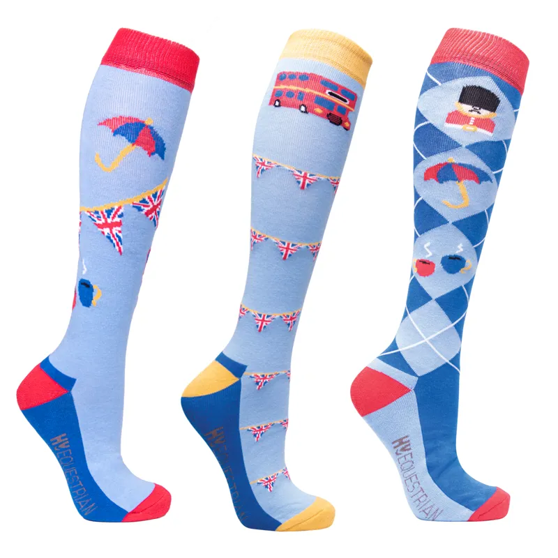 Hy Equestrian Love from London Socks - Pack of 3 - Sky Blue/Royal Red - Adult 4-8